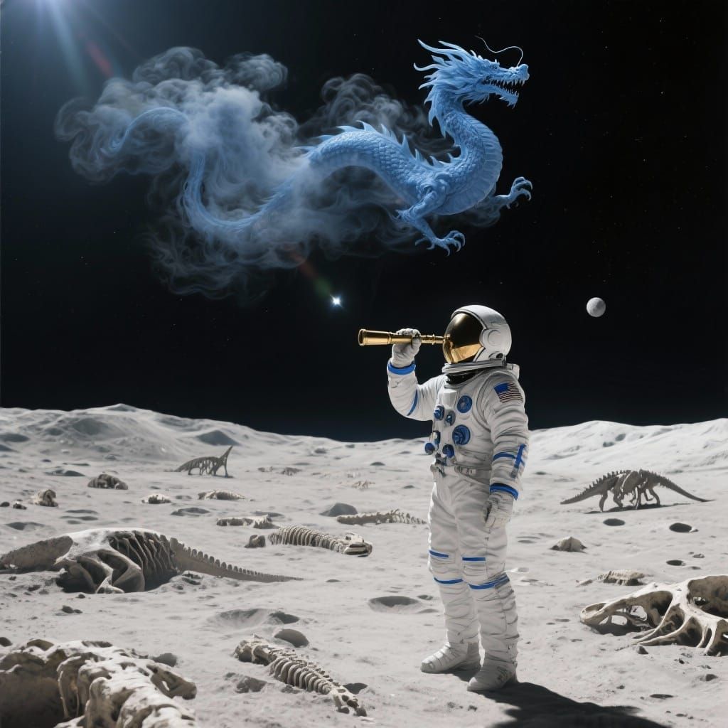 Astronaut Views Dragon Clouds Over Dinosaur Fossils on Moon