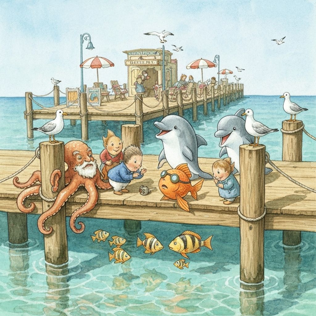 Charming Seaside Pier Scene in Beatrix Potter Style