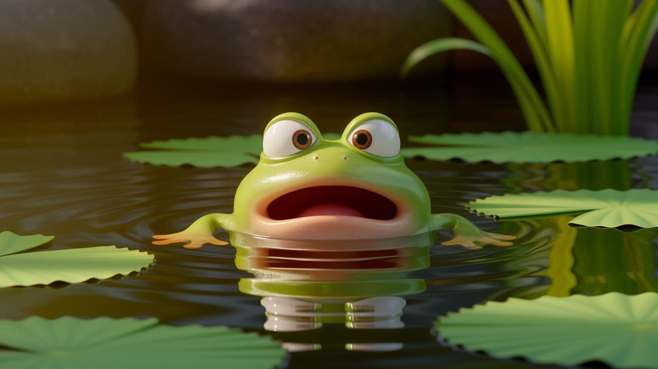 Surprised Frog in Pond, Disney Pixar Style