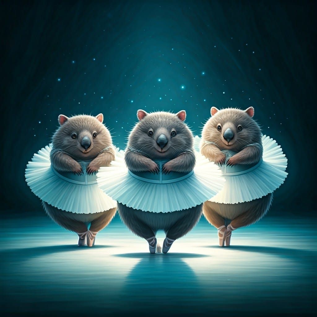Three Fat Wombats Dance Swan Lake in Whimsical Ballet Illust...