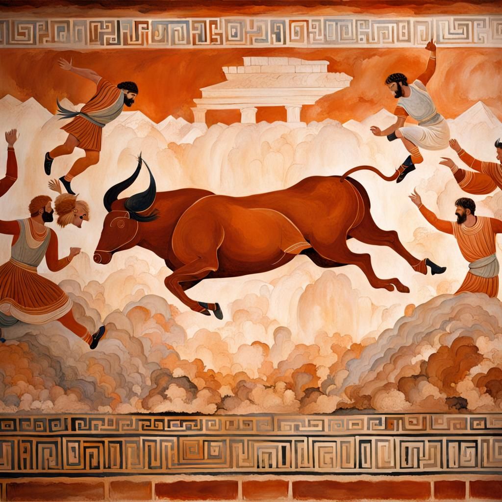 Minoan Bull-Leaping Fresco in Terracotta Style