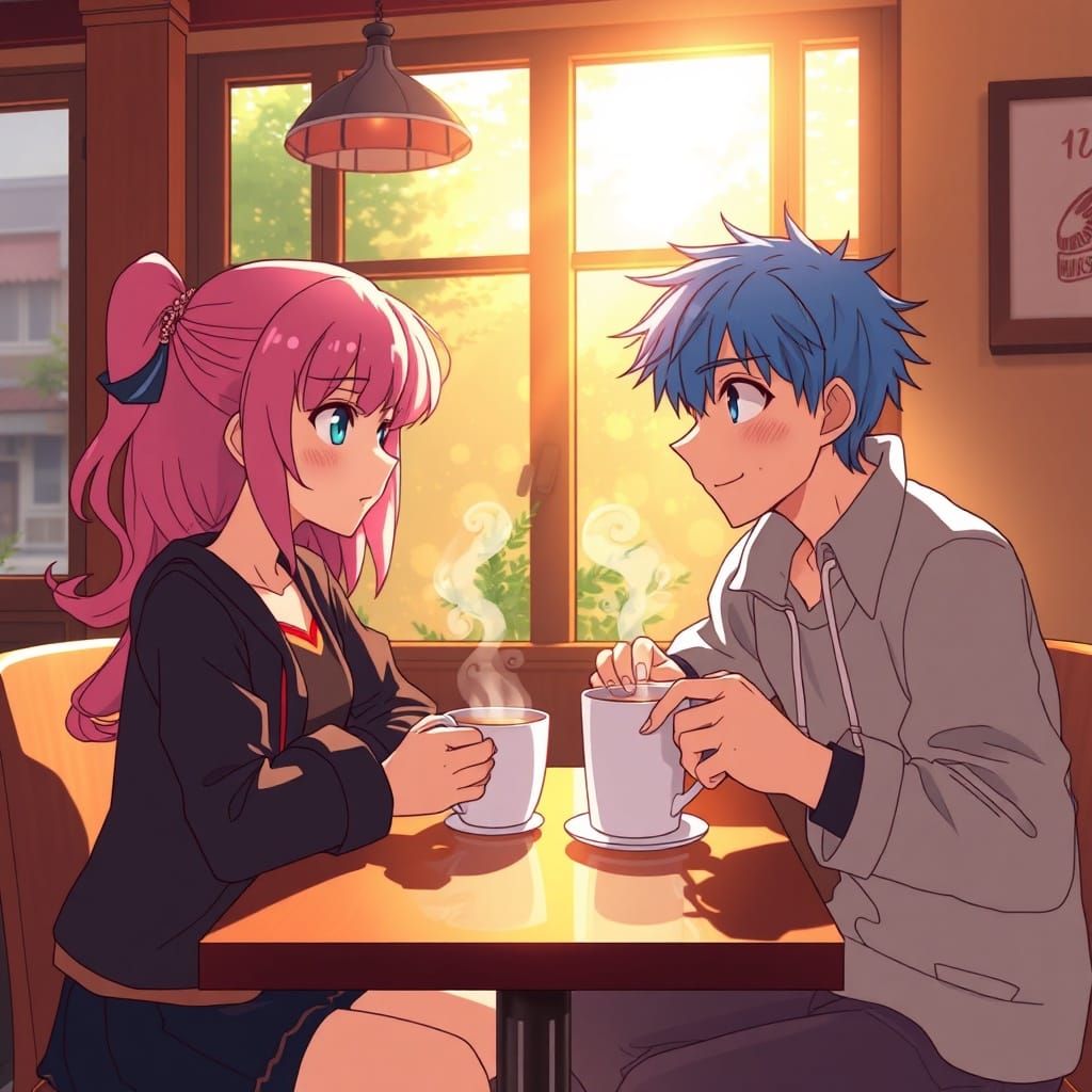 Anime Couple Sharing Coffee in Sunny Cafe