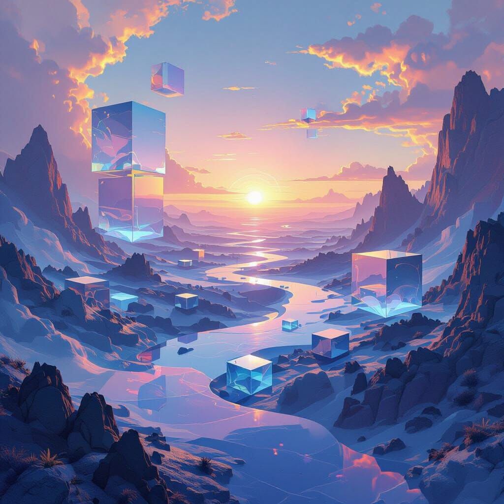Dreamlike Geometric Landscape in Digital Art Style