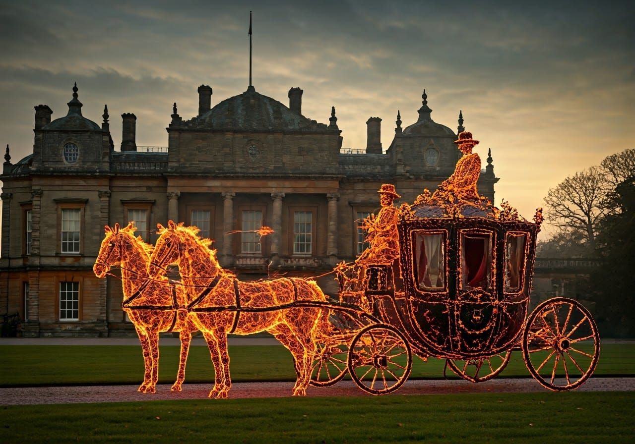 Fiery Carriage at Stately Home: Hyperrealistic Digital Art
