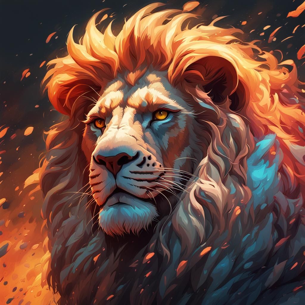 Fiery-Eyed Lion Portrait in Hyperdetailed Style