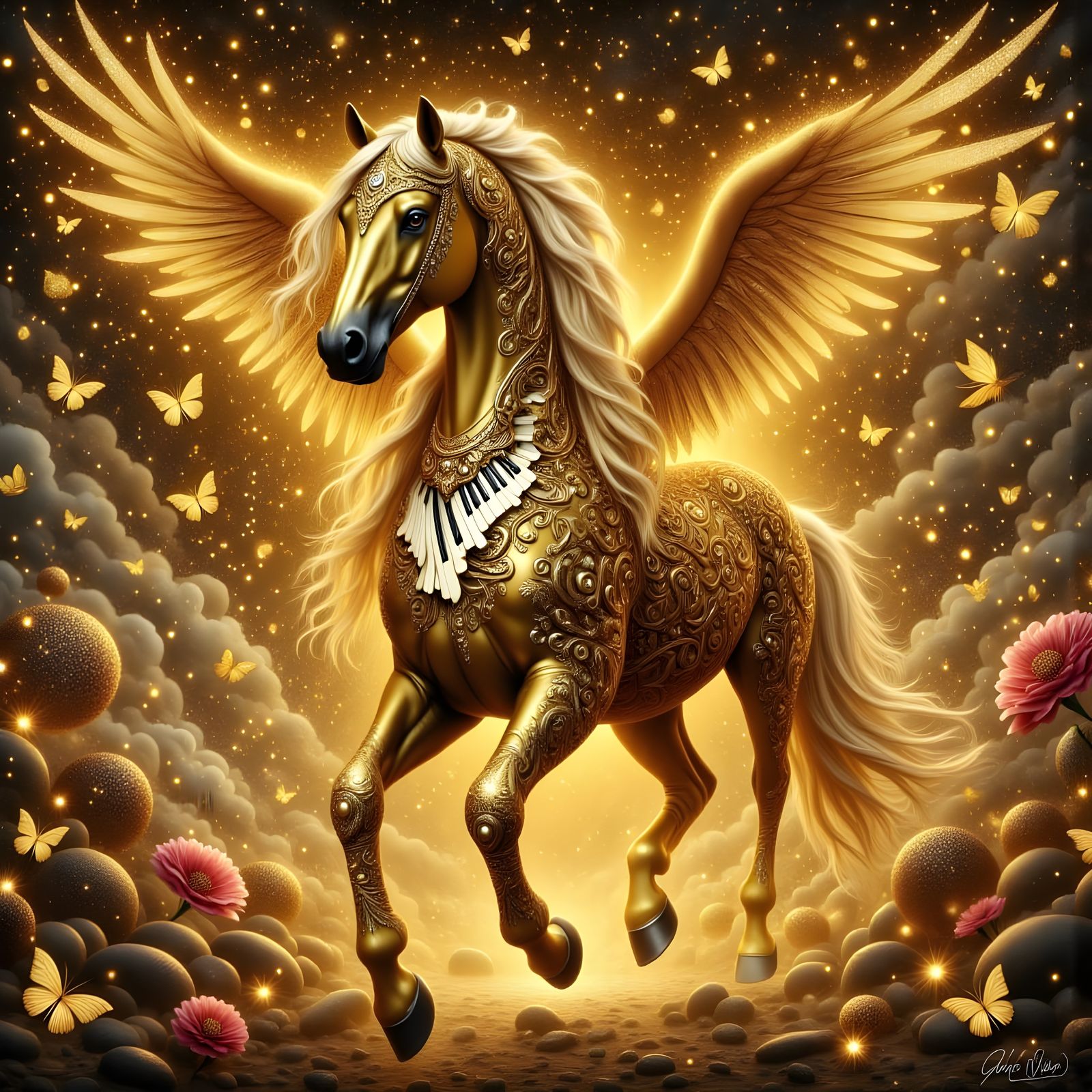 Golden Pegasus with Piano Wings in Mystic Aura