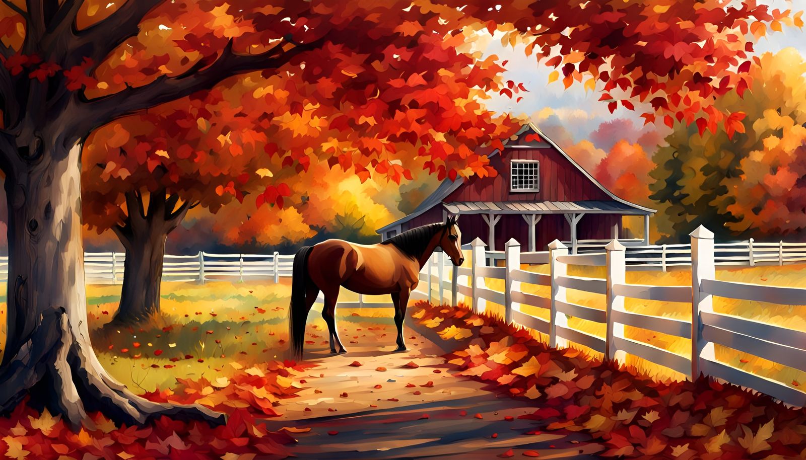 Hyperrealistic Horse Farm in Autumnal Splendor