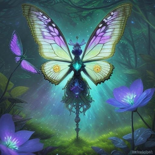 Clockwork Butterfly in Bioluminescent Forest