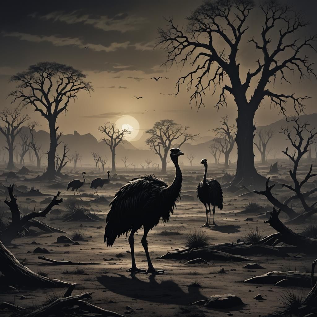 Ostrich-like Predators in Barren Wasteland: Dark Fantasy