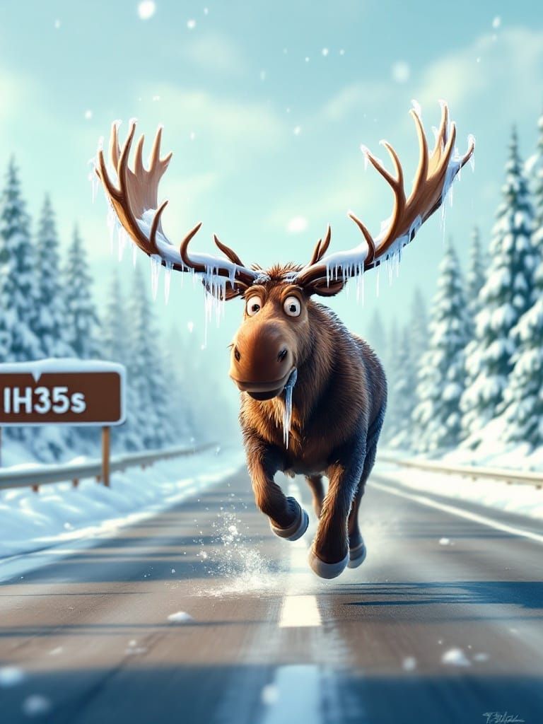 Moose Runs Down Highway in Winter Wonderland Scene