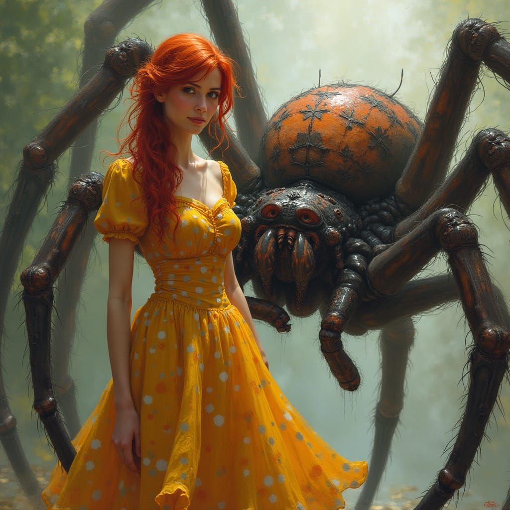 Dark Fantasy Woman and Pet Spider in Polka Dot Dress