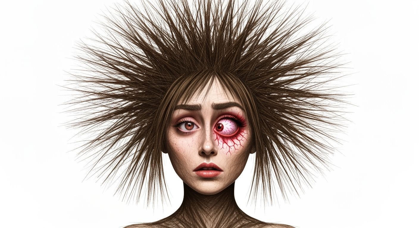 Stressed Woman with Messy Hair, Bloodshot Eyes