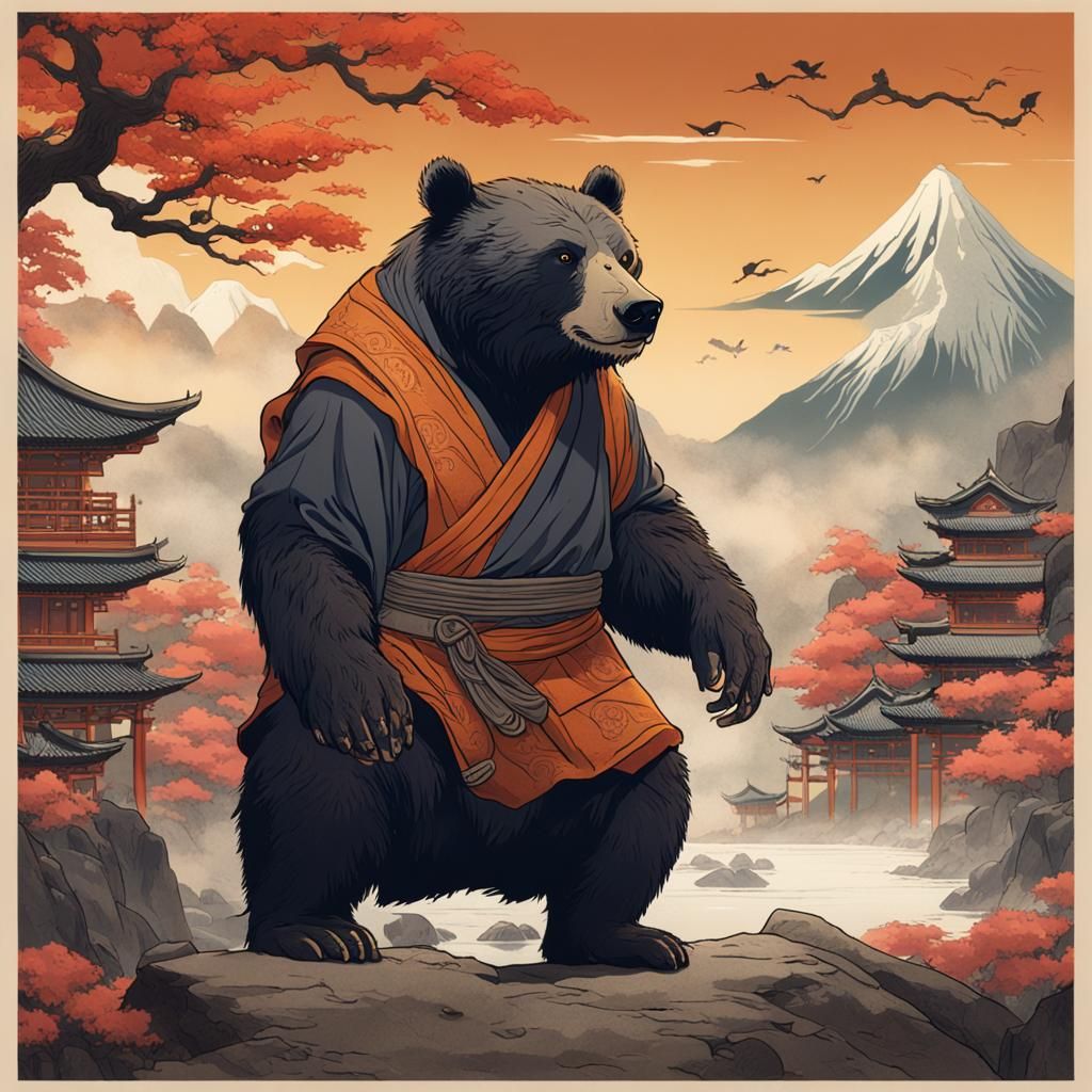 Monk Bear in Ukiyo-e Style