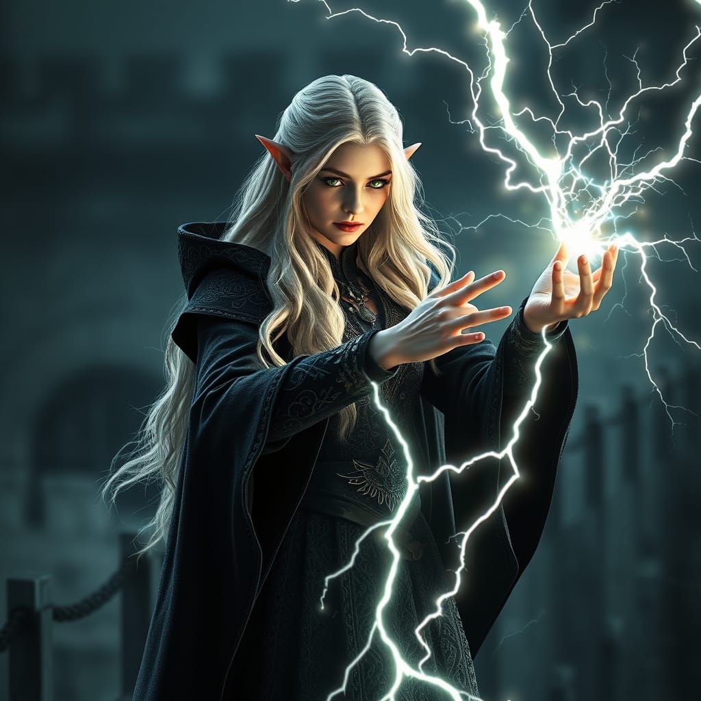 Elven Sorceress Casting Lightning Spell, Digital Art