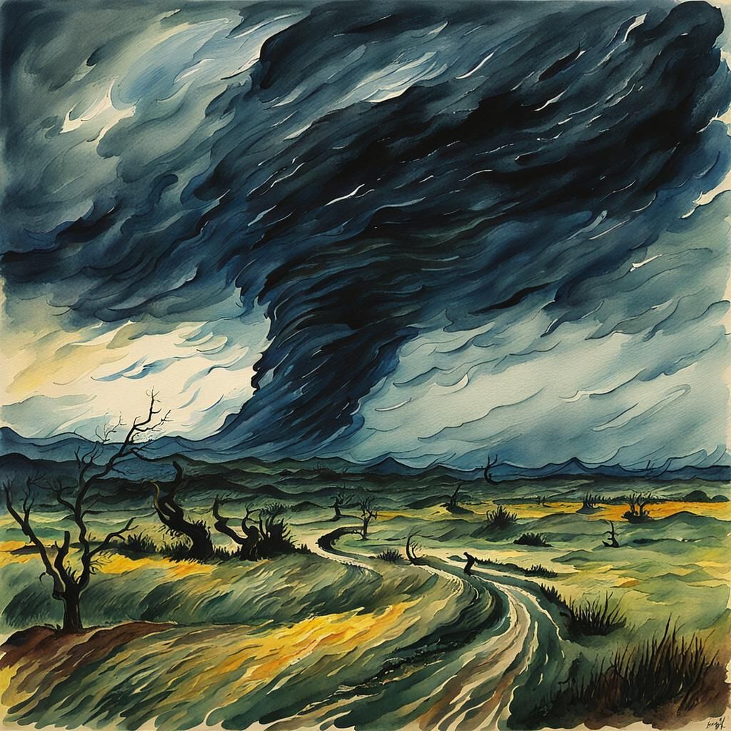 Moody Tornado Landscape in Watercolor Style