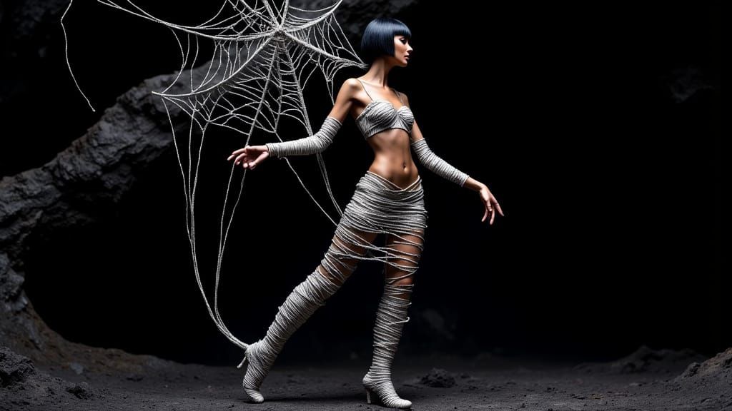 Fashion Model Poses with Rope Spiderweb in Dramatic Lighting