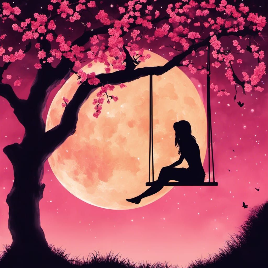 Girl on Swing with Cherry Blossoms in Watercolor