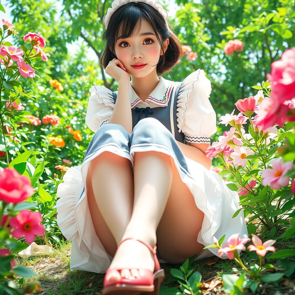 Elegant Japanese Maid in Serene Garden