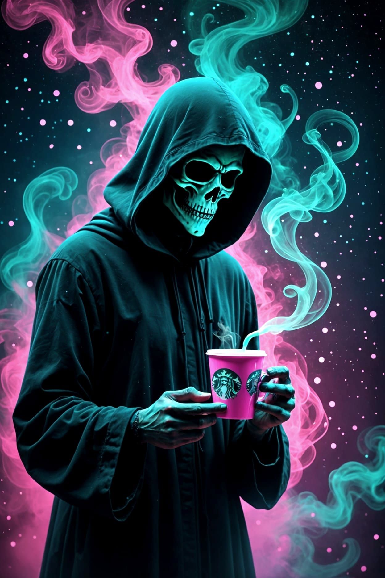Grim Reaper drinking a Starbucks coffee