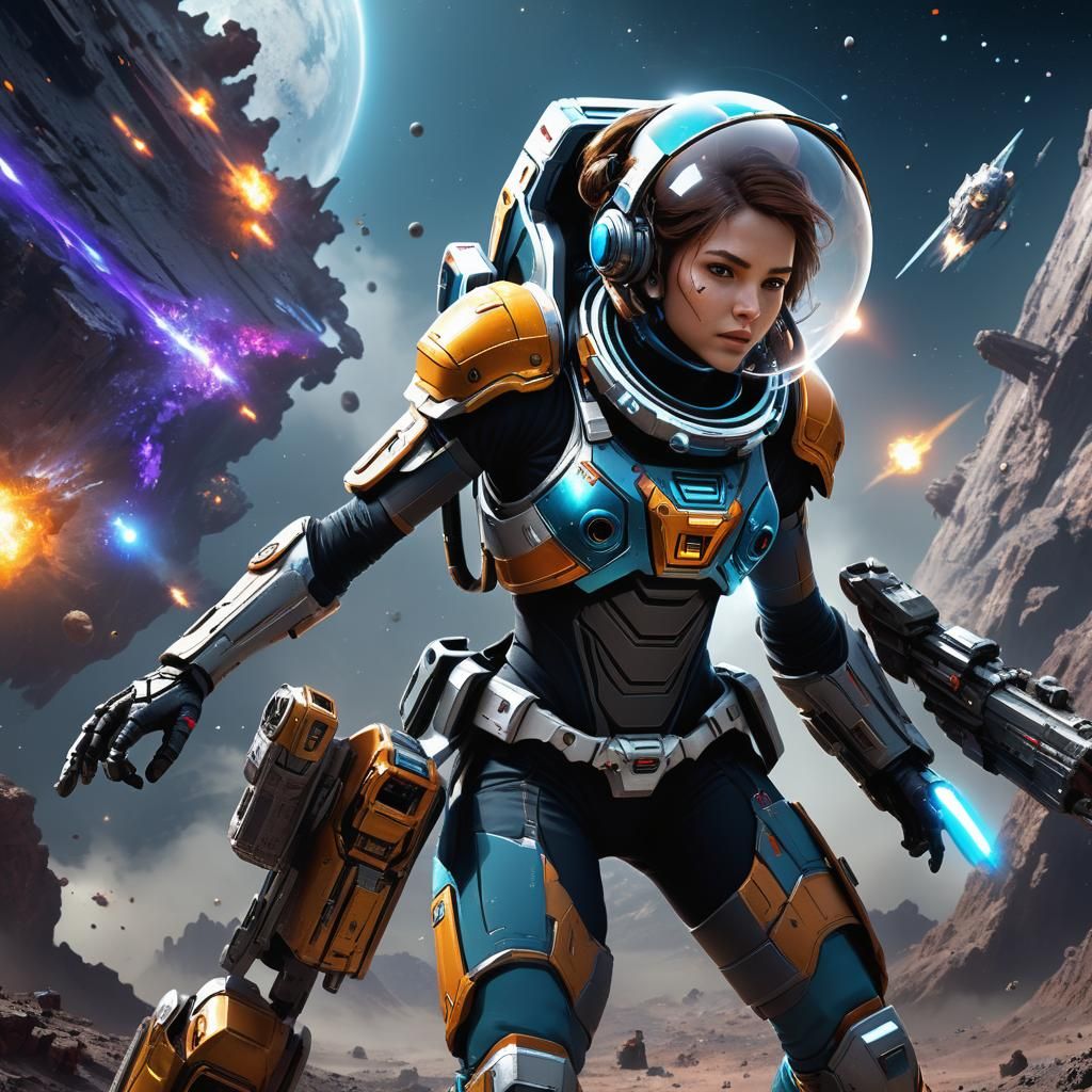 Space Explorer Female Battle: Detailed Matte Painting