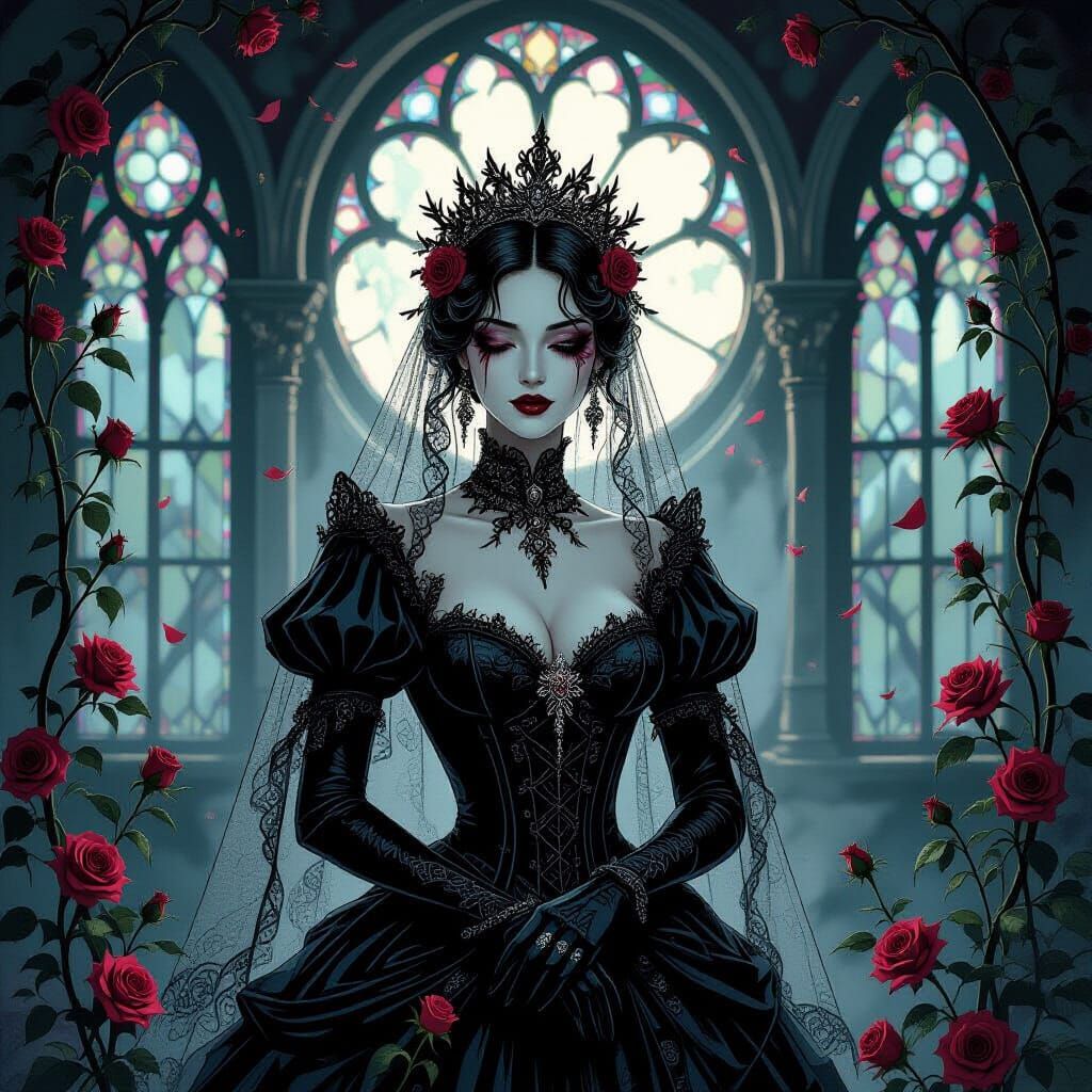 Gothic Queen in Thorny Veil, Decaying Ballroom
