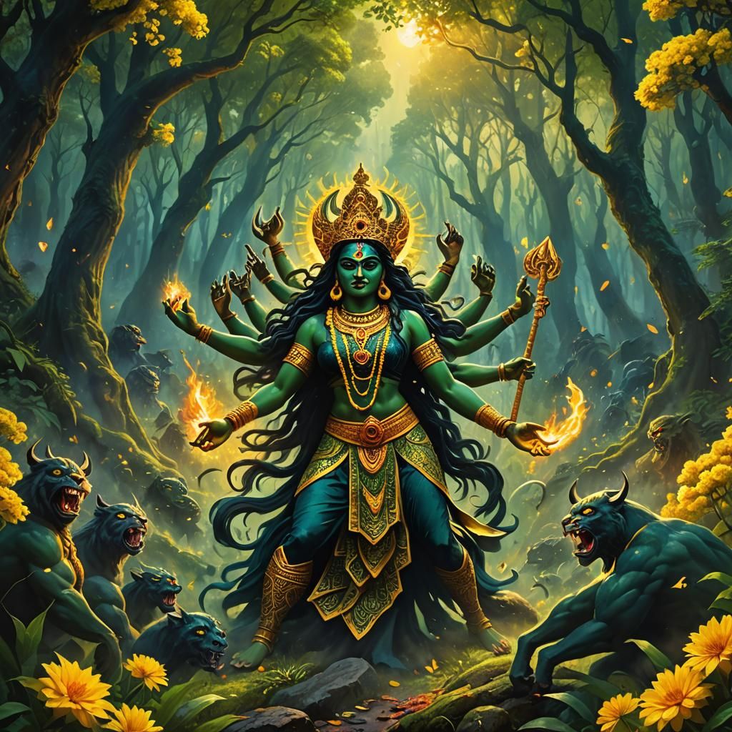 Maa Kali Destroying Demons in Forest