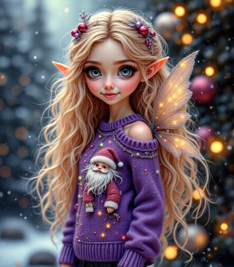 Elven Fairy girl with curly long blonde hair standing outsid...