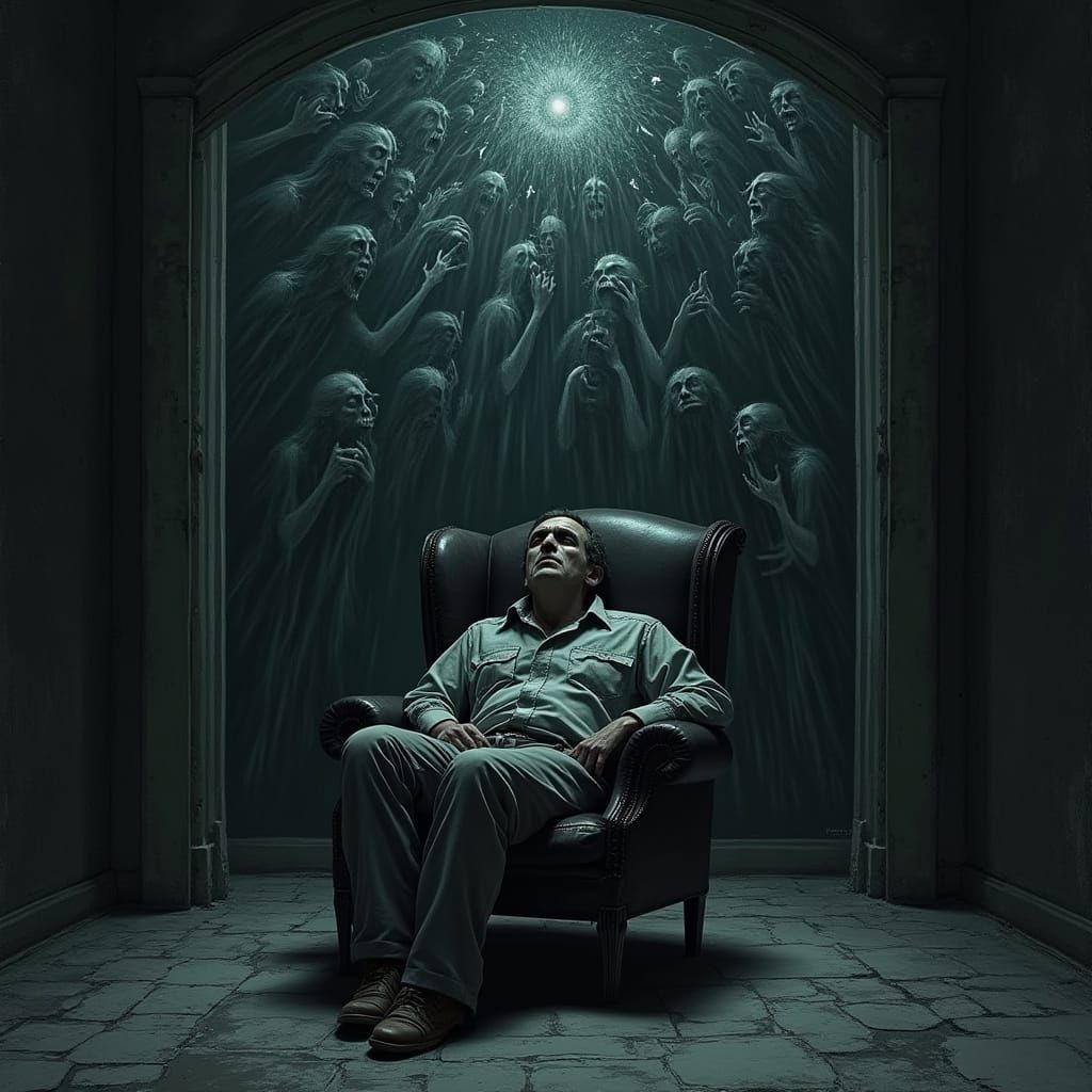 Despairing Man Surrounded by Shadows and Ghostly Apparitions