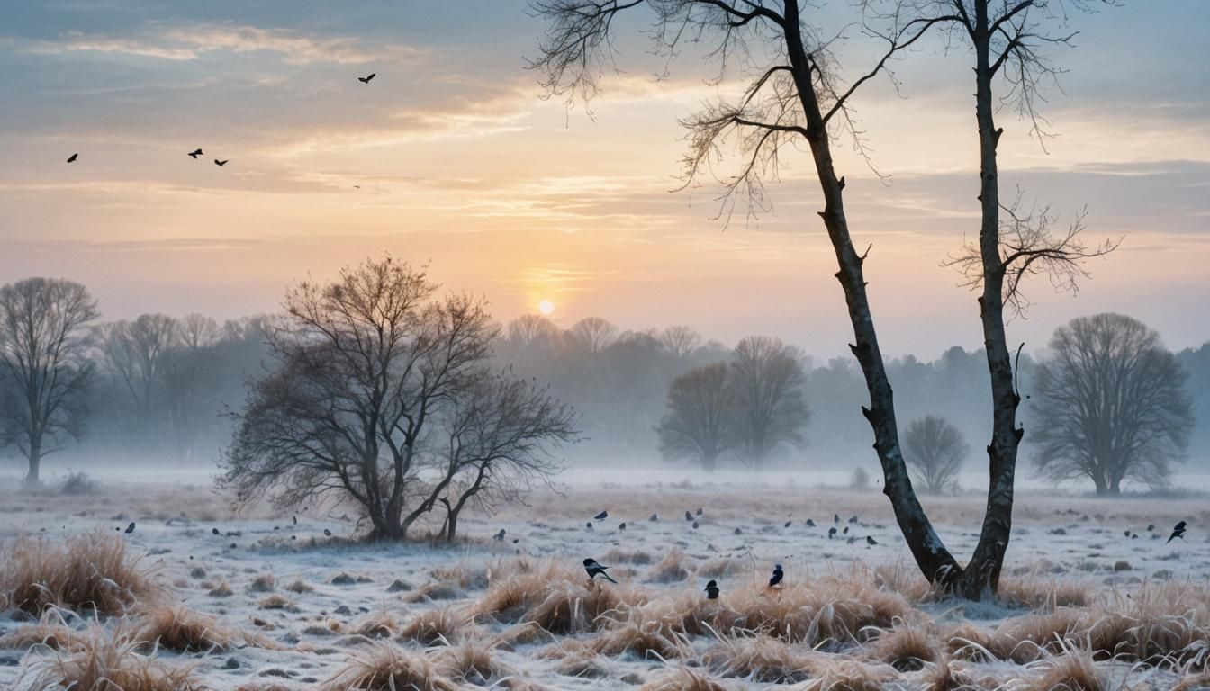 Magpies on Frozen Grasses: Watercolor Landscape