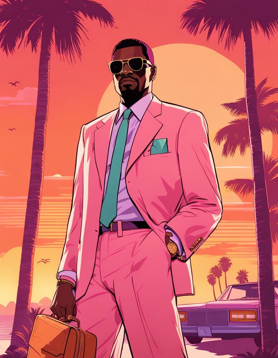 Glamorous 1980s Hustler Leans Against Palm Tree