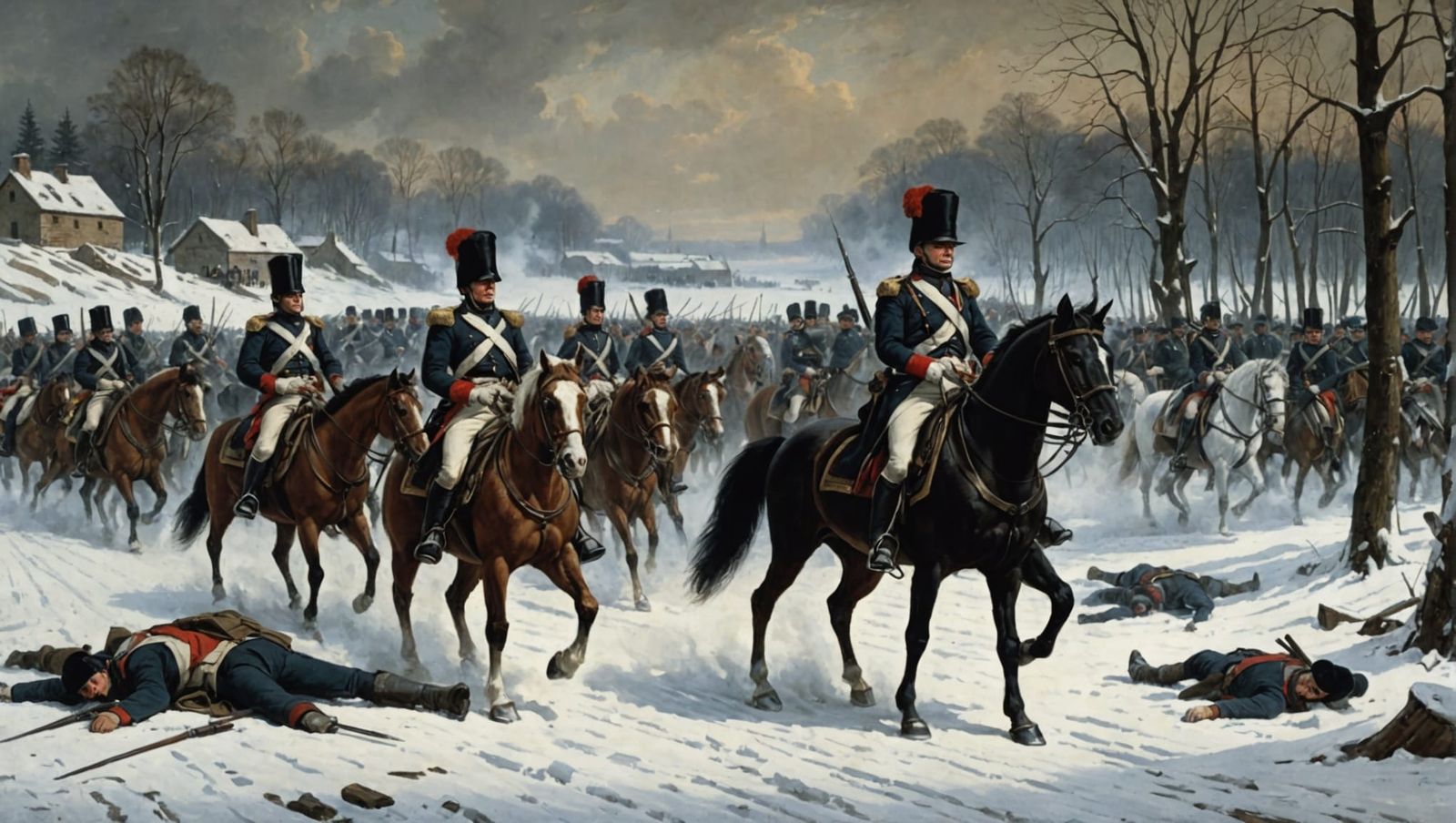 A dark, historical painting depicting a somber wartime scene...