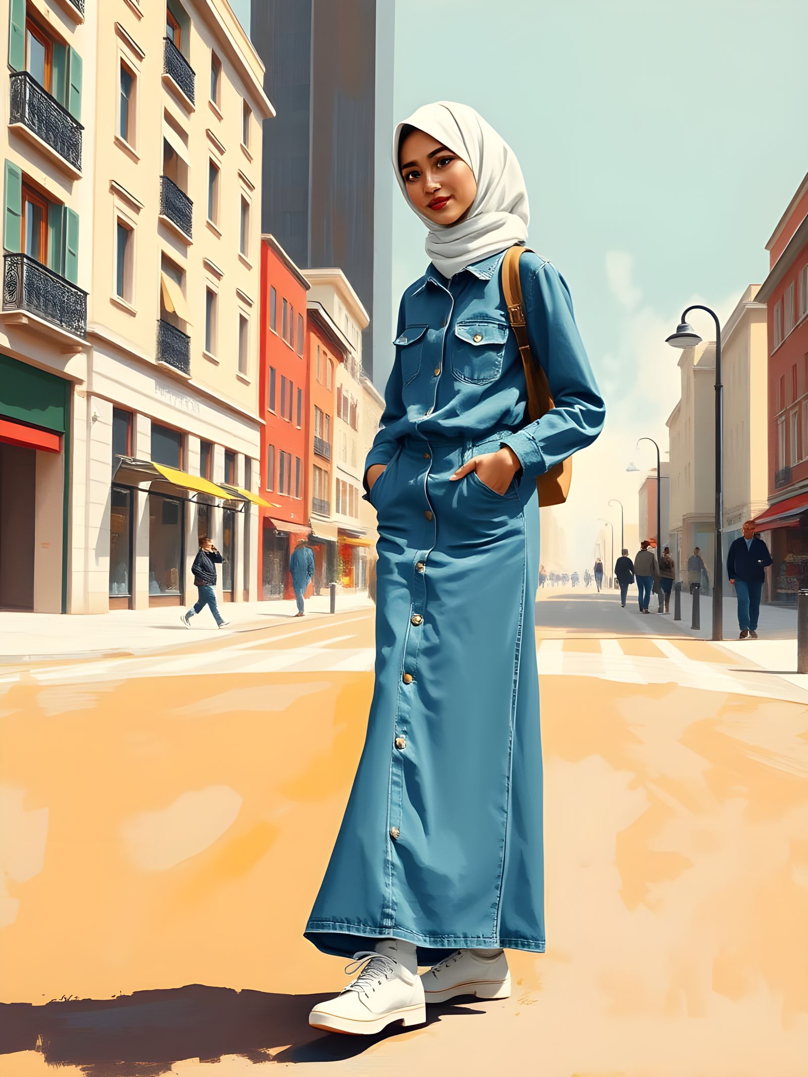 Minimalist Painting of Hijabi Woman in Modern City