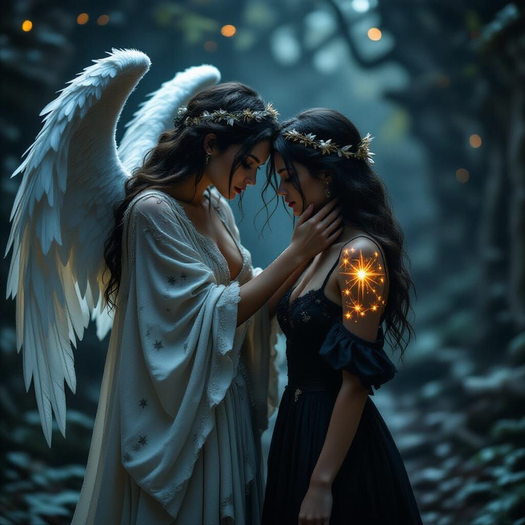 Fallen Angel Touches Mortal Woman: Cosmic Gothic Art