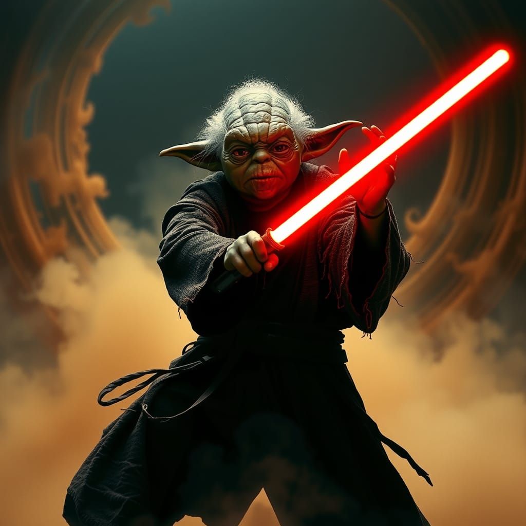 Sith Yoda with Lightsaber: Cinematic Film Still