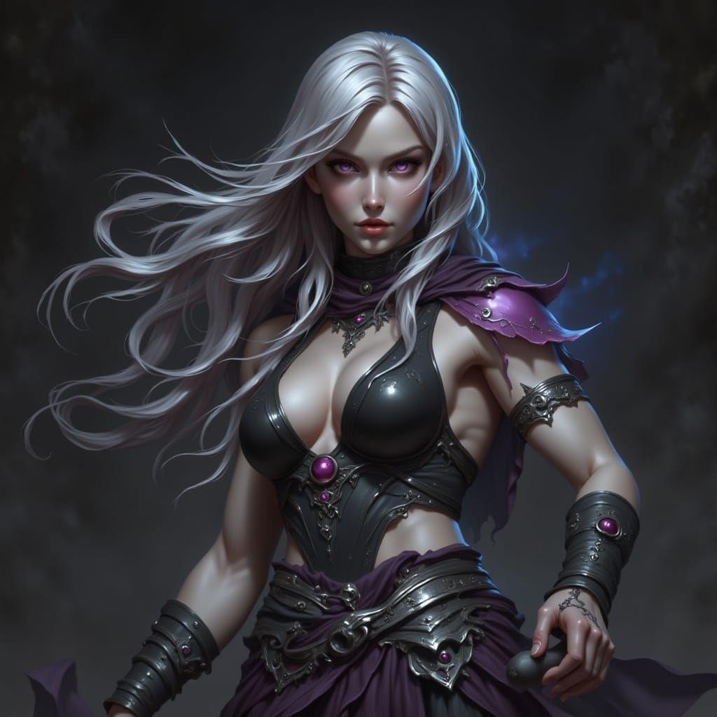 Muscular Female Drow Rogue with Pink Eyes