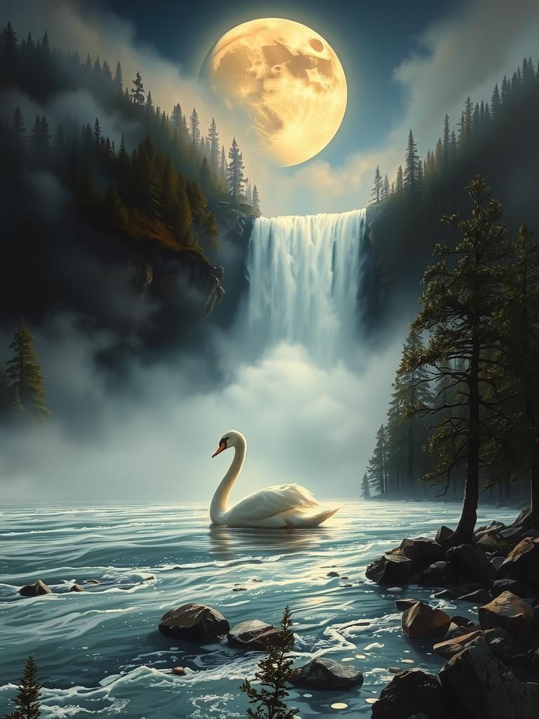 Ethereal Waterfall Scene with Swan in Oil Painting Style