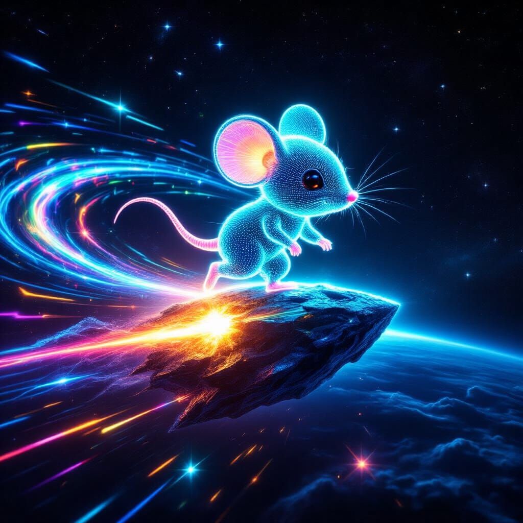 Aqua Chibi Mouse Made of Lasers on a Meteor