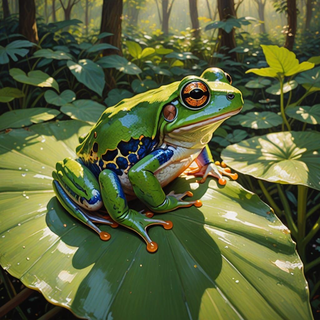 Iridescent Tree Frog Basks in Tranquil Sunlit Landscape