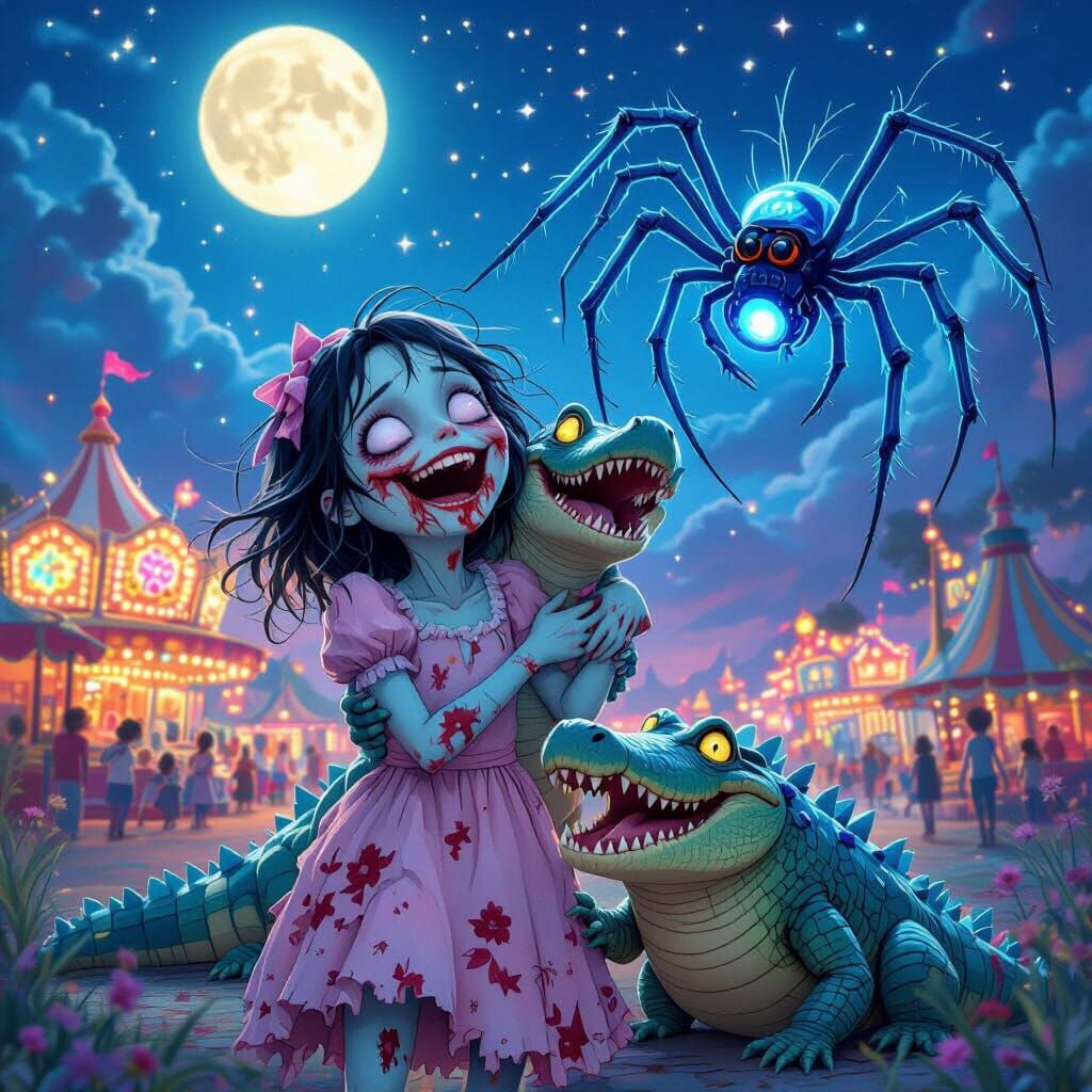 Zombie Girl Hugs Friends Under Starry Carnival Sky