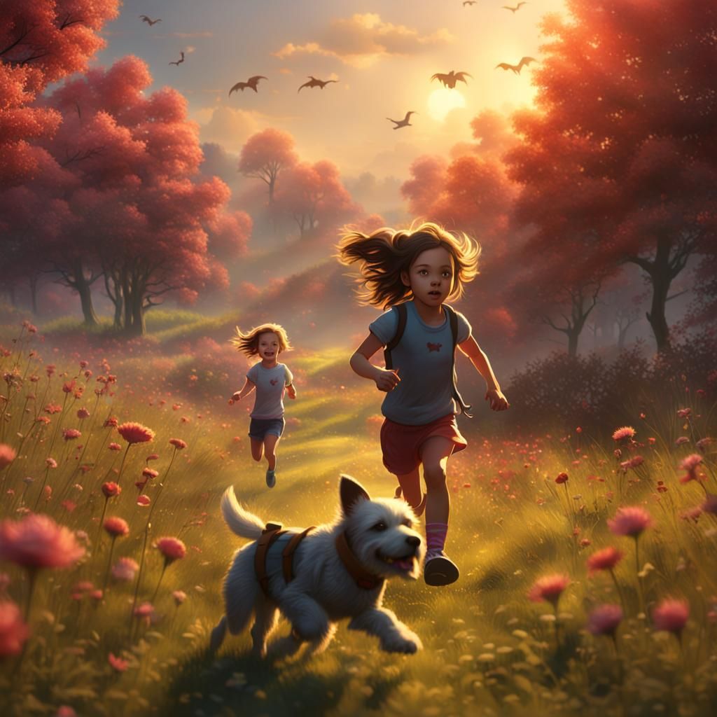 Girl and Dog Running Through Meadow in 8k