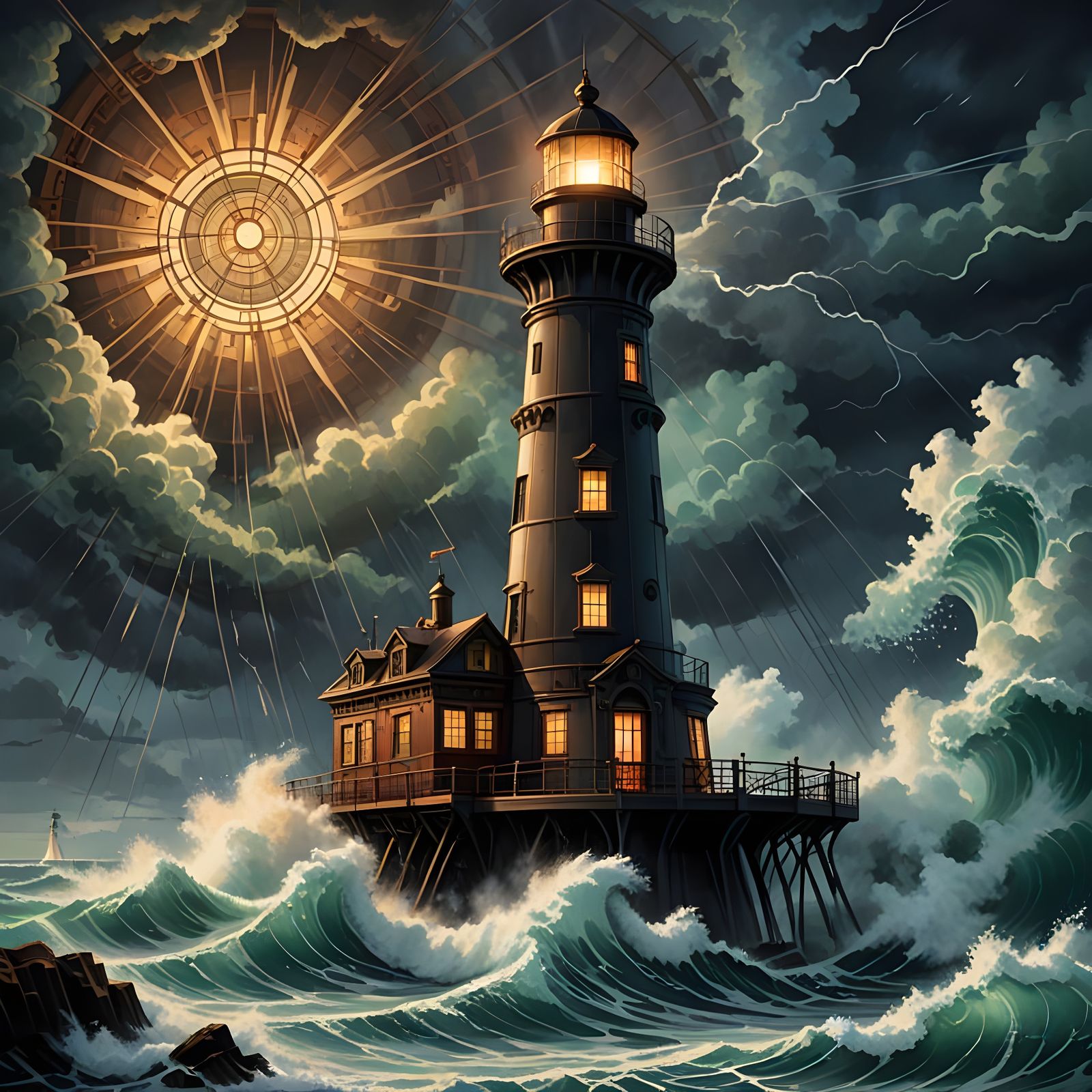 Steampunk Lighthouse in Storm, Art Deco Style