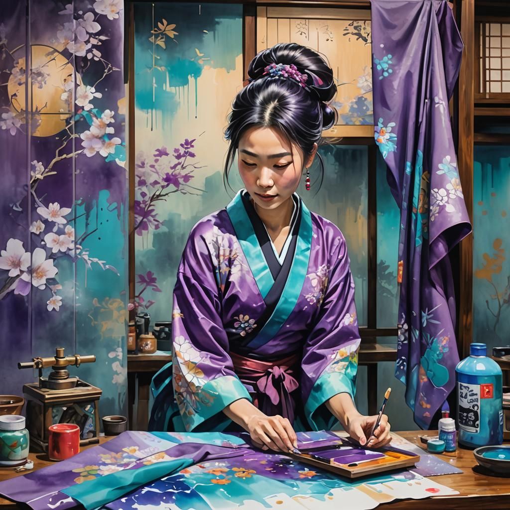 Seamstress Creates Kimono: Luminous Oil Watercolor Painting