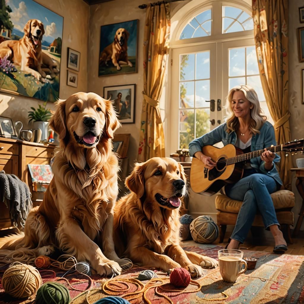 Golden Retriever, Coffee, and Guitar in Oil Painting Style