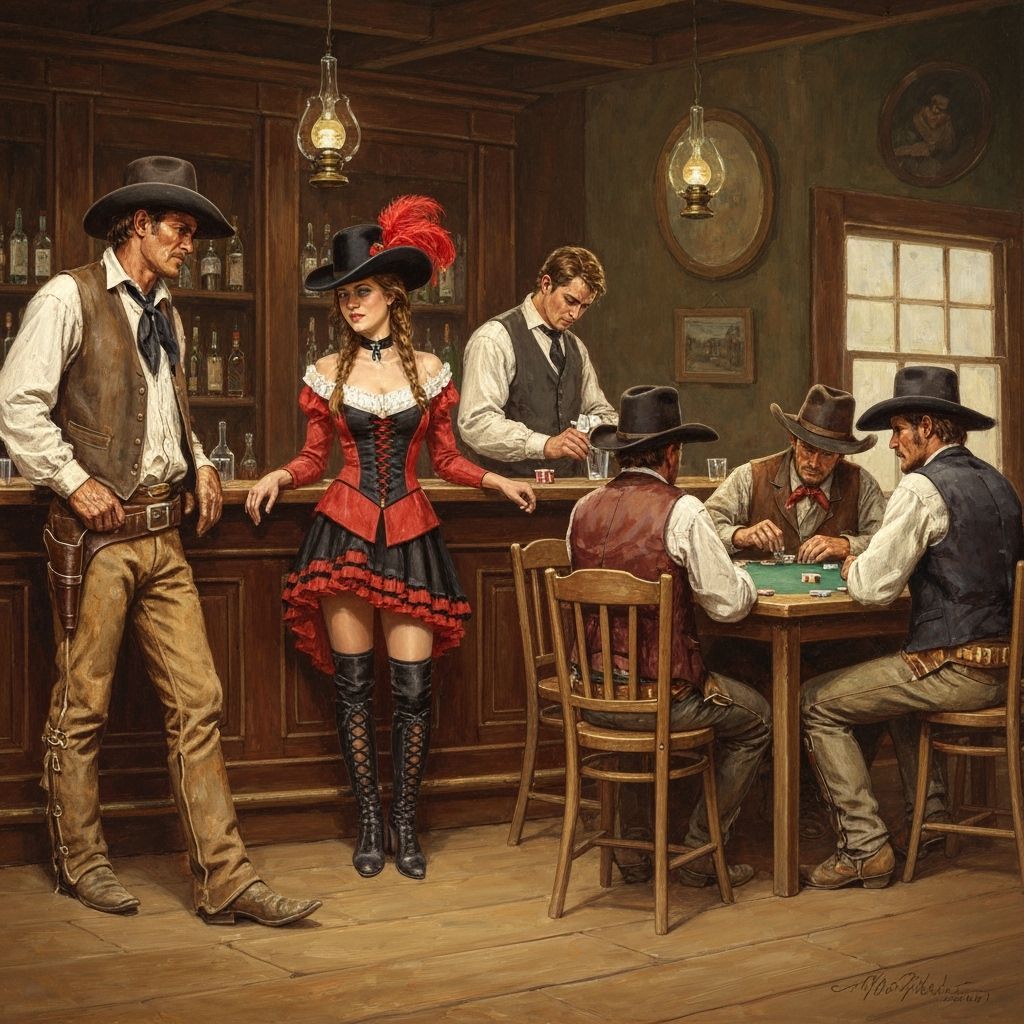 Old West Saloon Scene with Cowboys and Poker Game