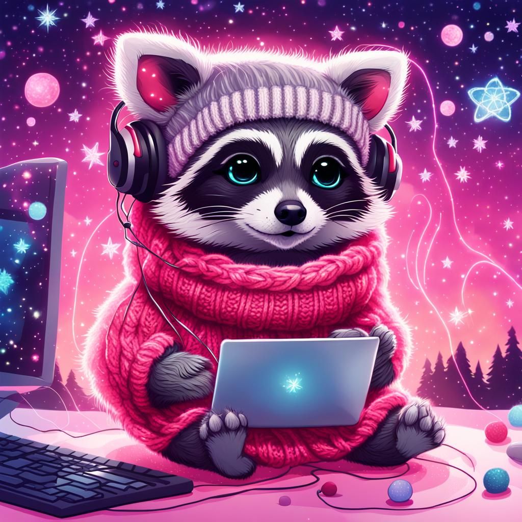 " super cute little fluffy chibi raccoon in red headphones s...