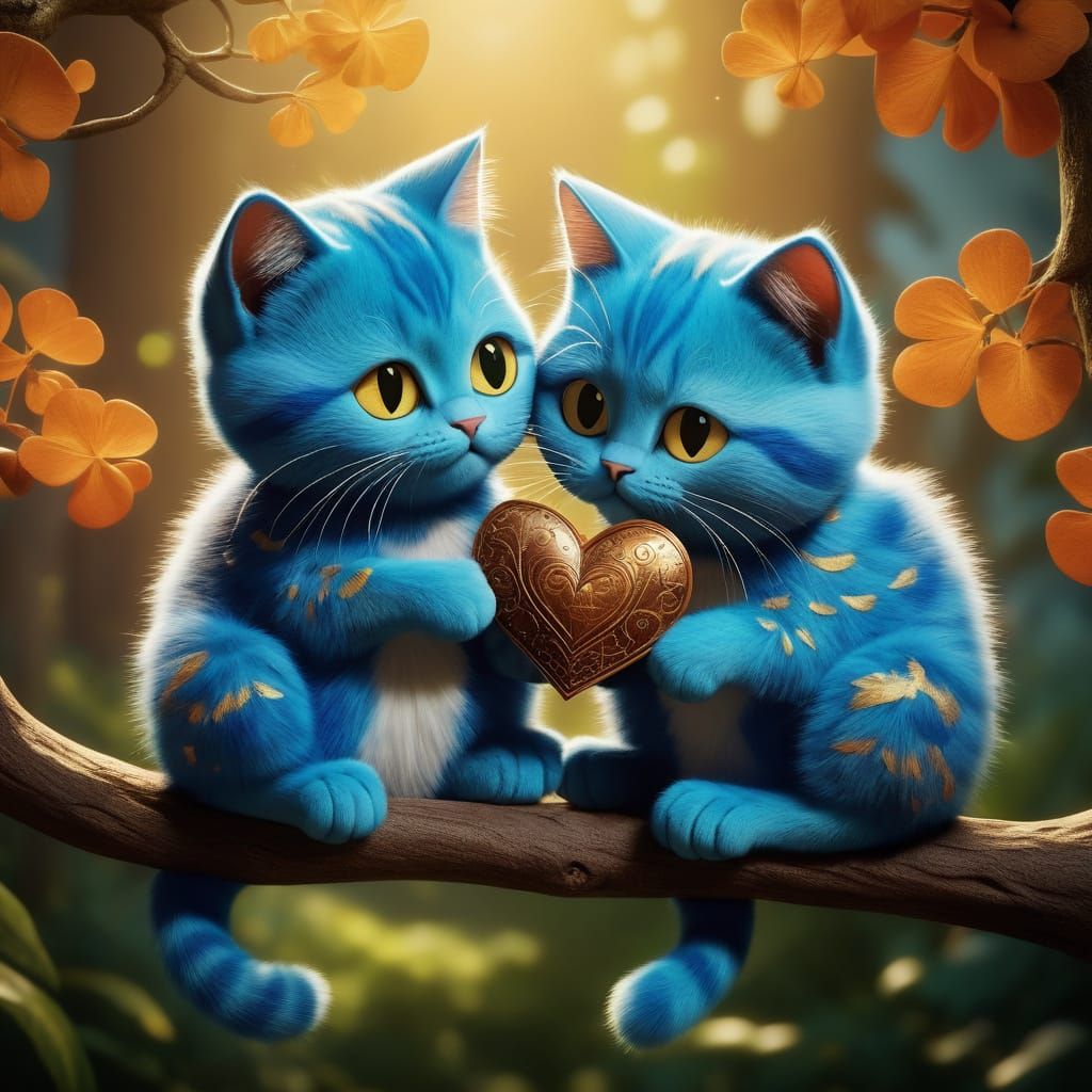 Cats in Heart-Shaped Tail Bond on a Whimsical Tree