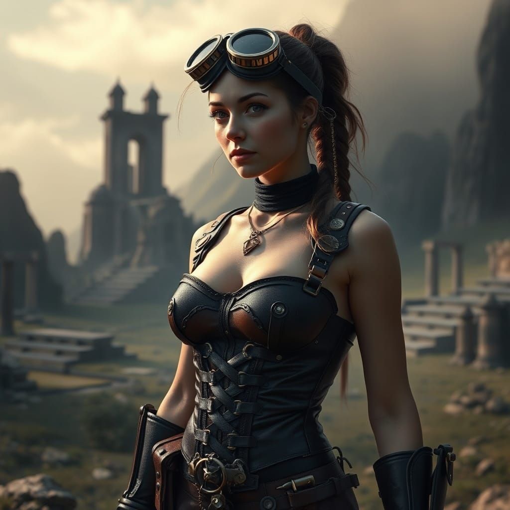 Steampunk Soldier in Mythological Landscape