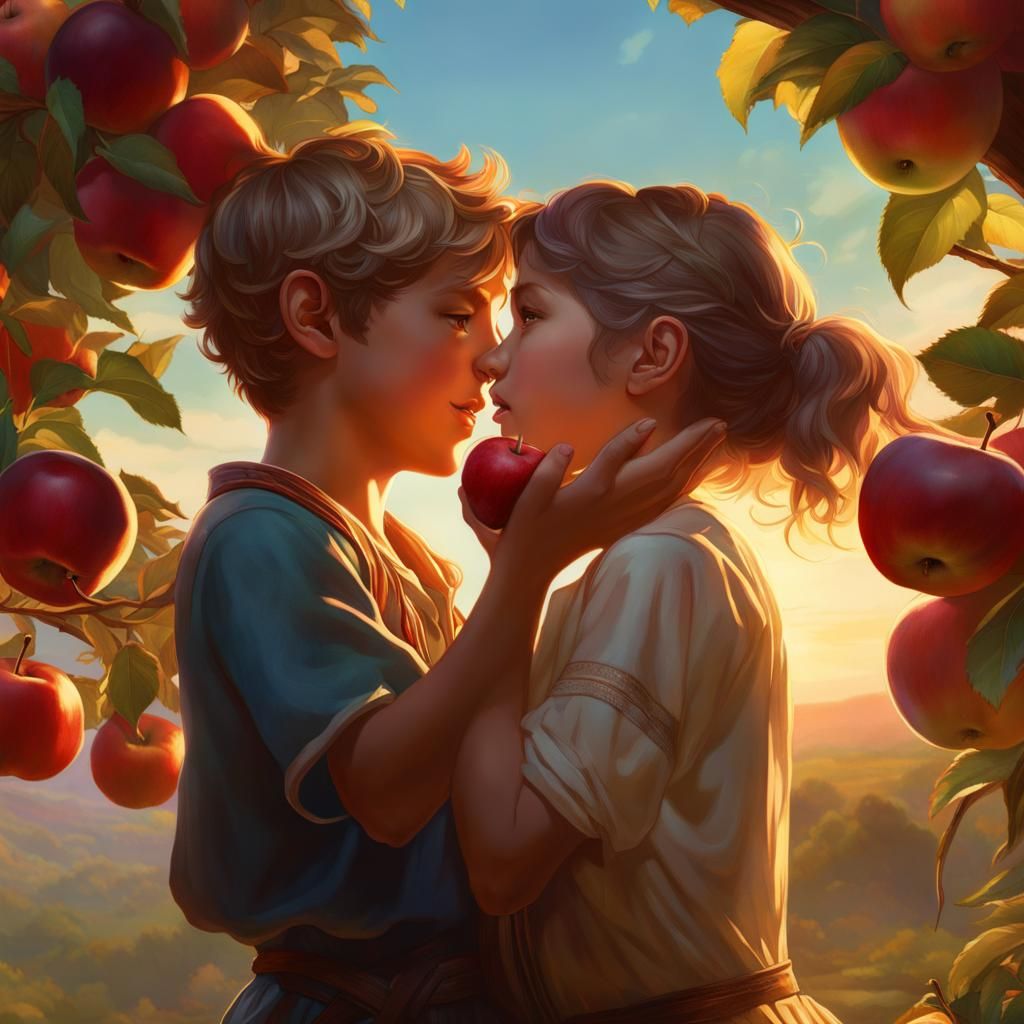 Romantic Sunset Apple Harvest in Hyperdetailed Style