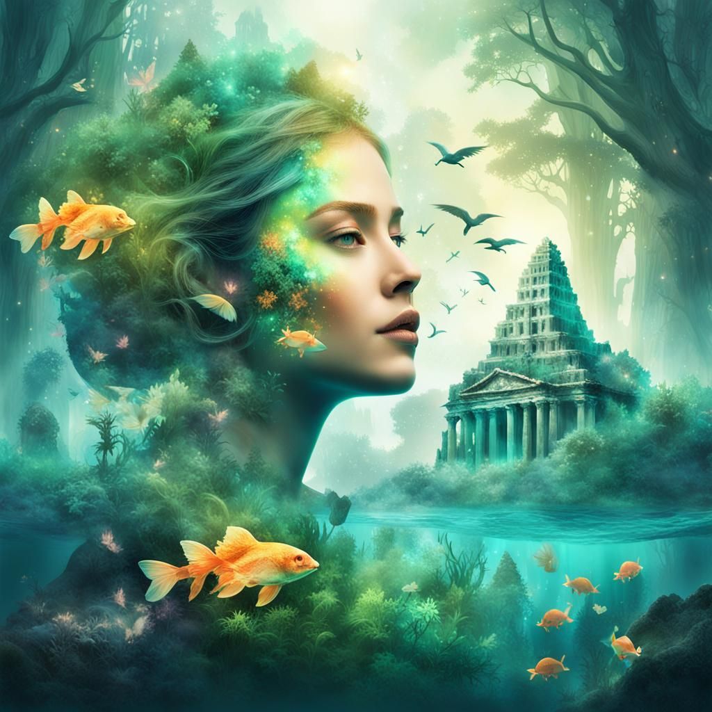 Fantasy Double Exposure: Mythical Woman in Enchanted World