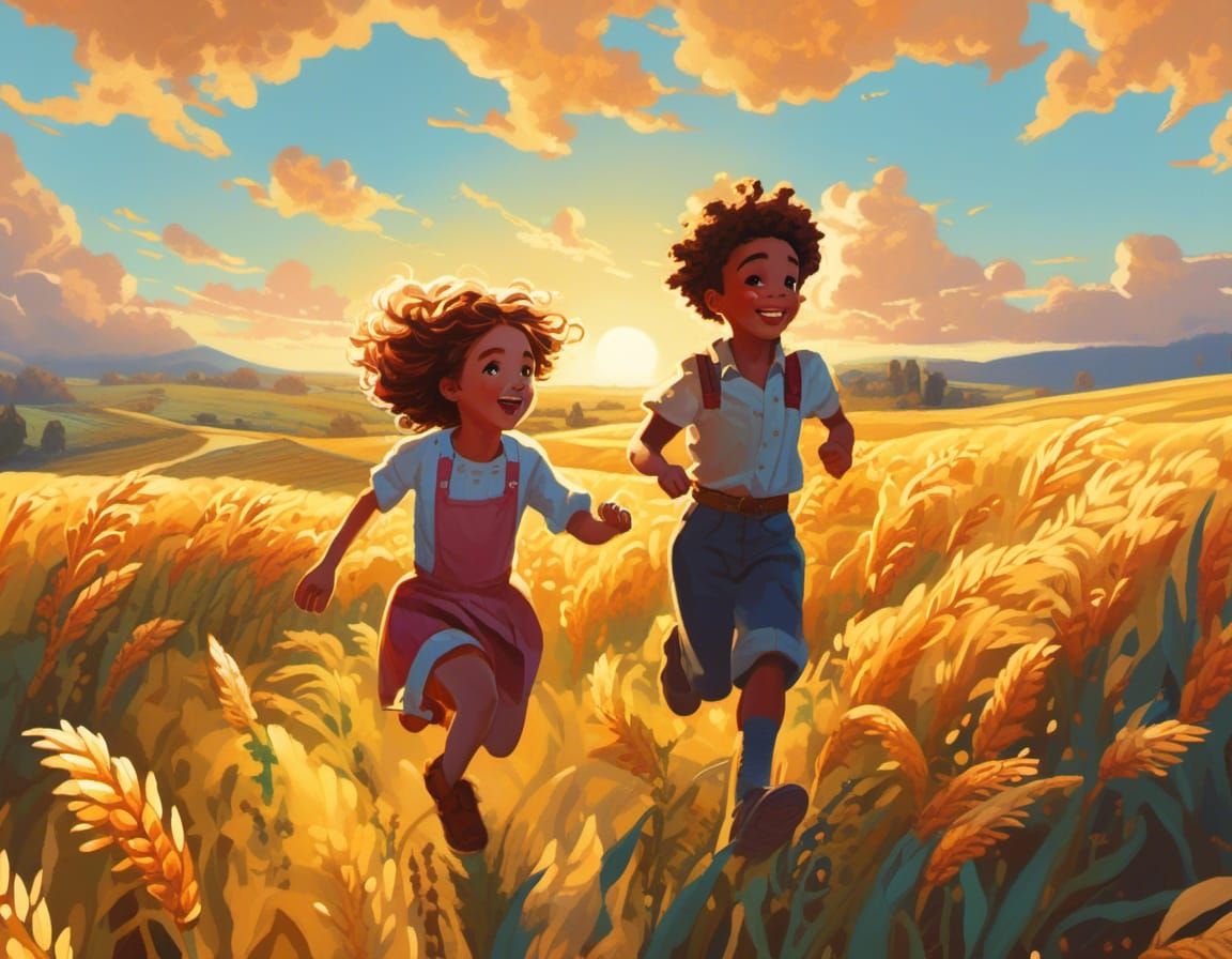 Children Running Through Golden Wheat Field Illustration